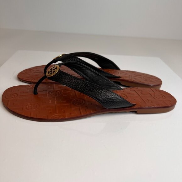 Tory Burch Sandal Women 8 Thora Leather Thong Gold Medallion Flat Party Core Go - Picture 4 of 11